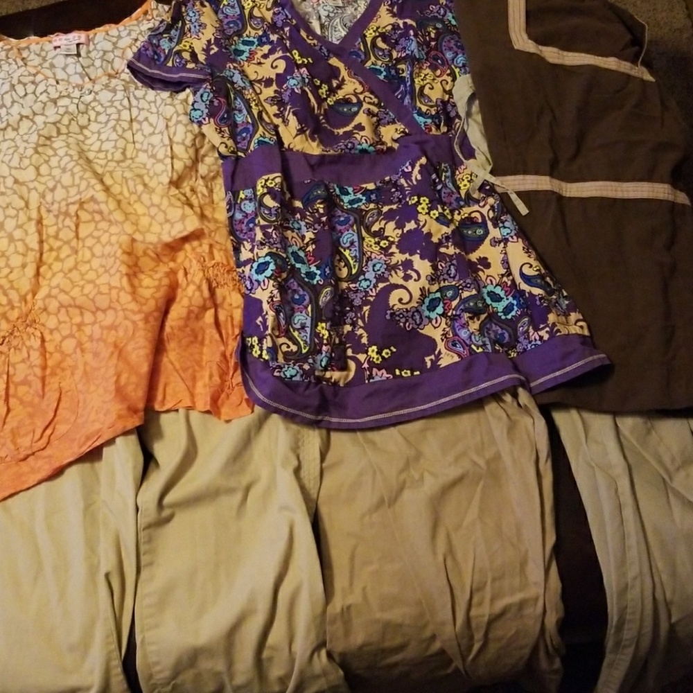 KOI SCRUB tops (2) SB top(1), 3 tan pants 1 koi